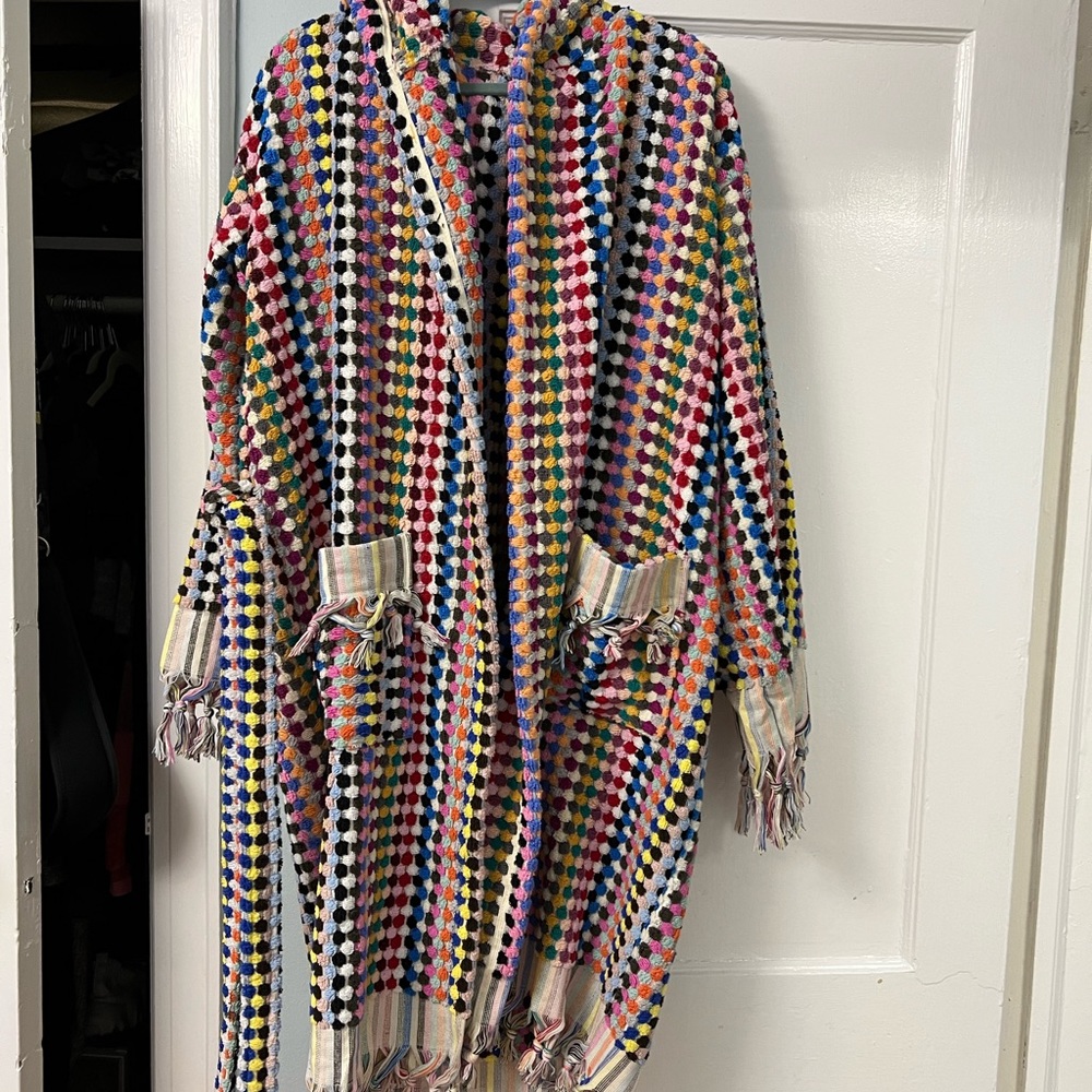 Turkish cotton, multi colored hooded bathrobe, beautiful detail and fabric
